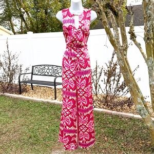 MNG Mango Italian Fabric Sleeveless Wide Leg Jumpsuit – Pink Print – Size XS